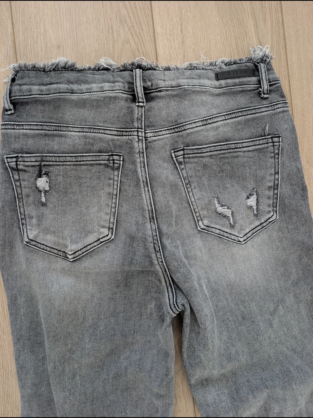 RISEN High Rise Distressed Gray Jeans Frayed Waist Raw Hem Size 29